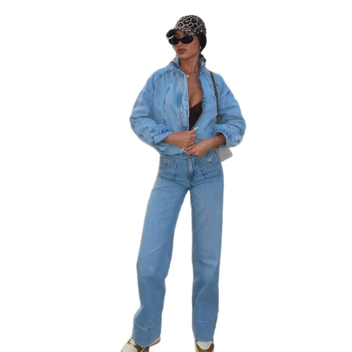Damen Cropped Denimjacke im Bomberstil mit hohem Stehkragen und oversized Ärmeln Echoarchiv