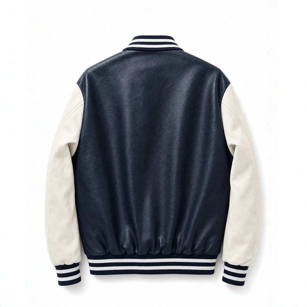 Herren Collegejacke im Letterman‑Stil mit Kunstleder‑Body, Kontrastärmeln und Chenille‑Patches Echo Archiv