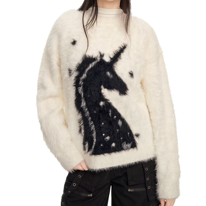 Damen Gemütlicher Grobstrickpullover mit Einhornmotiv Echoarchiv
