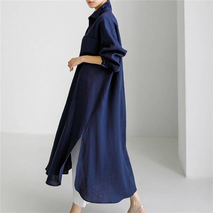 Damen Langes Leinen‑Hemdkleid mit kastiger Oversize‑Silhouette und Seitenschlitzen Echoarchiv