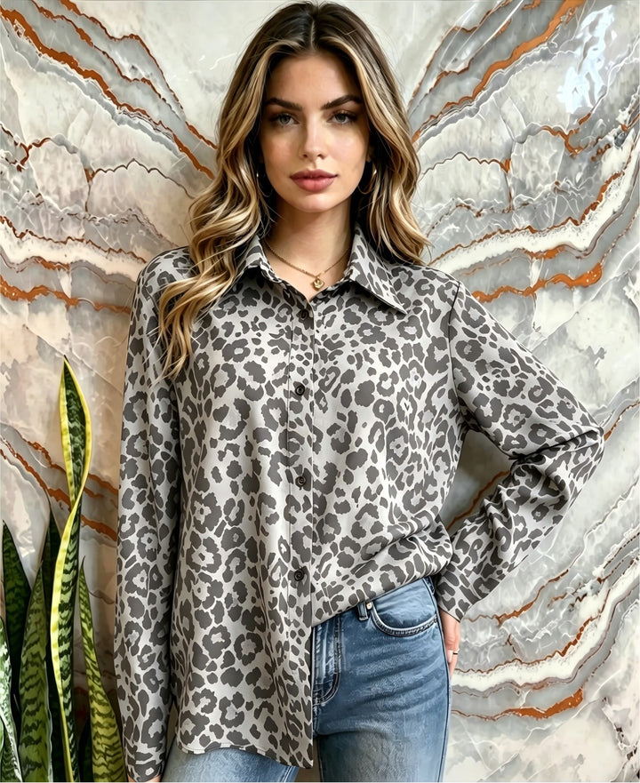Damen Satin-Leopardenmuster Button-Up Bluse Echoarchiv