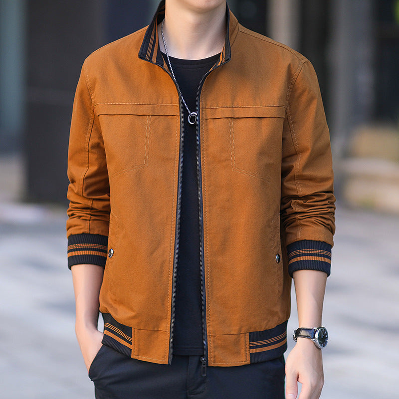 Herren moderner Canvas-Bomberjacke im Worker‑Stil mit gestreiften Rippbündchen und Reißverschluss Echoarchiv