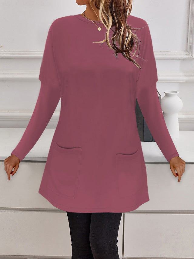 Damen Longline Feinstrick-Tunika mit Rundhalsausschnitt und aufgesetzten Taschen – Mavelle