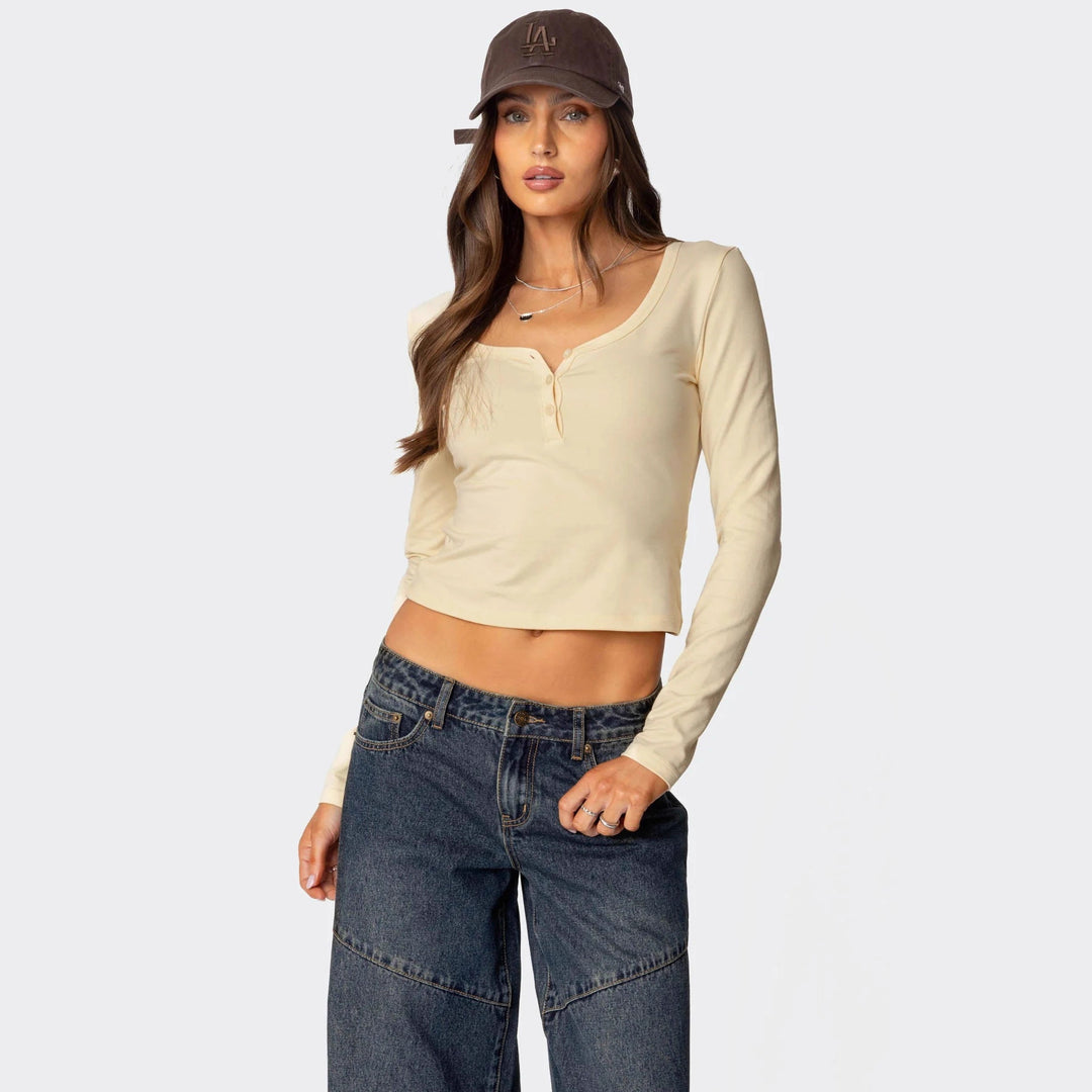 Damen Cropped Langarmhemd mit Knopfleiste und weichem Stoff Echo Archiv