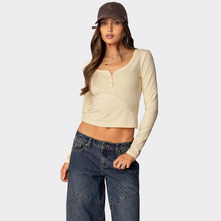 Damen Cropped Langarmhemd mit Knopfleiste und weichem Stoff Echo Archiv