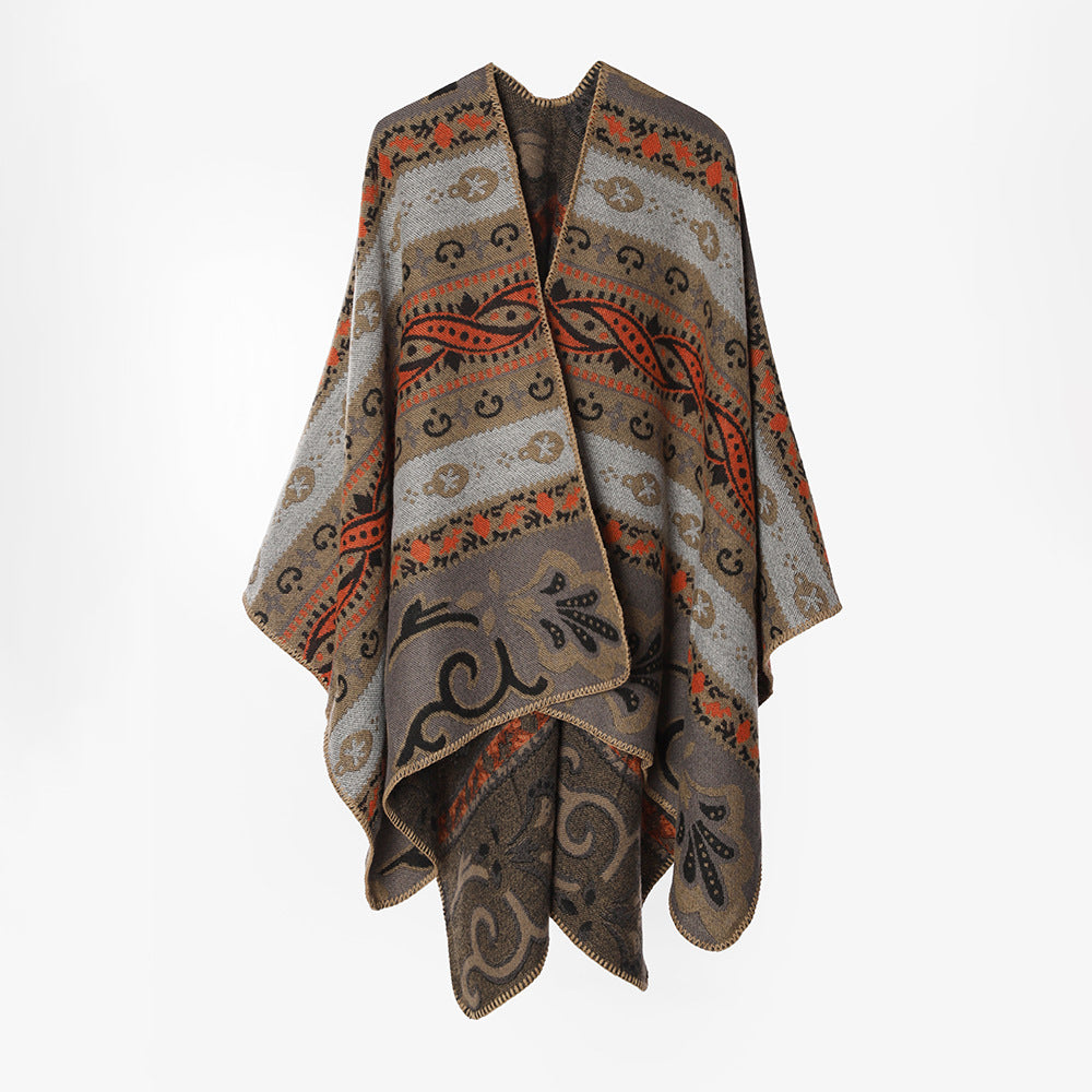 Damen Gewebter Ornament-Poncho im Rechteckschnitt mit feiner Kettelung – Avérine