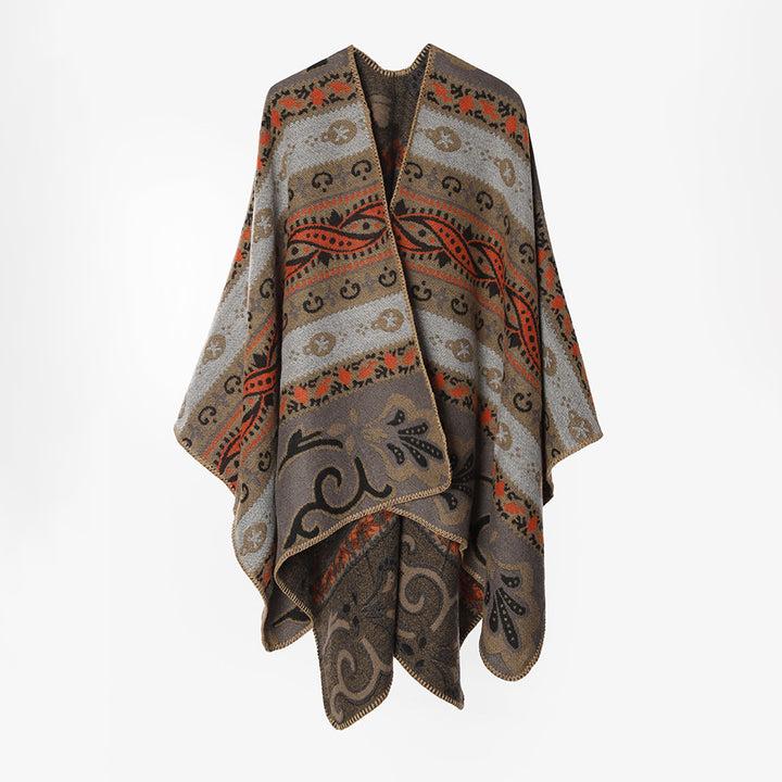 Damen Gewebter Ornament-Poncho im Rechteckschnitt mit feiner Kettelung – Avérine