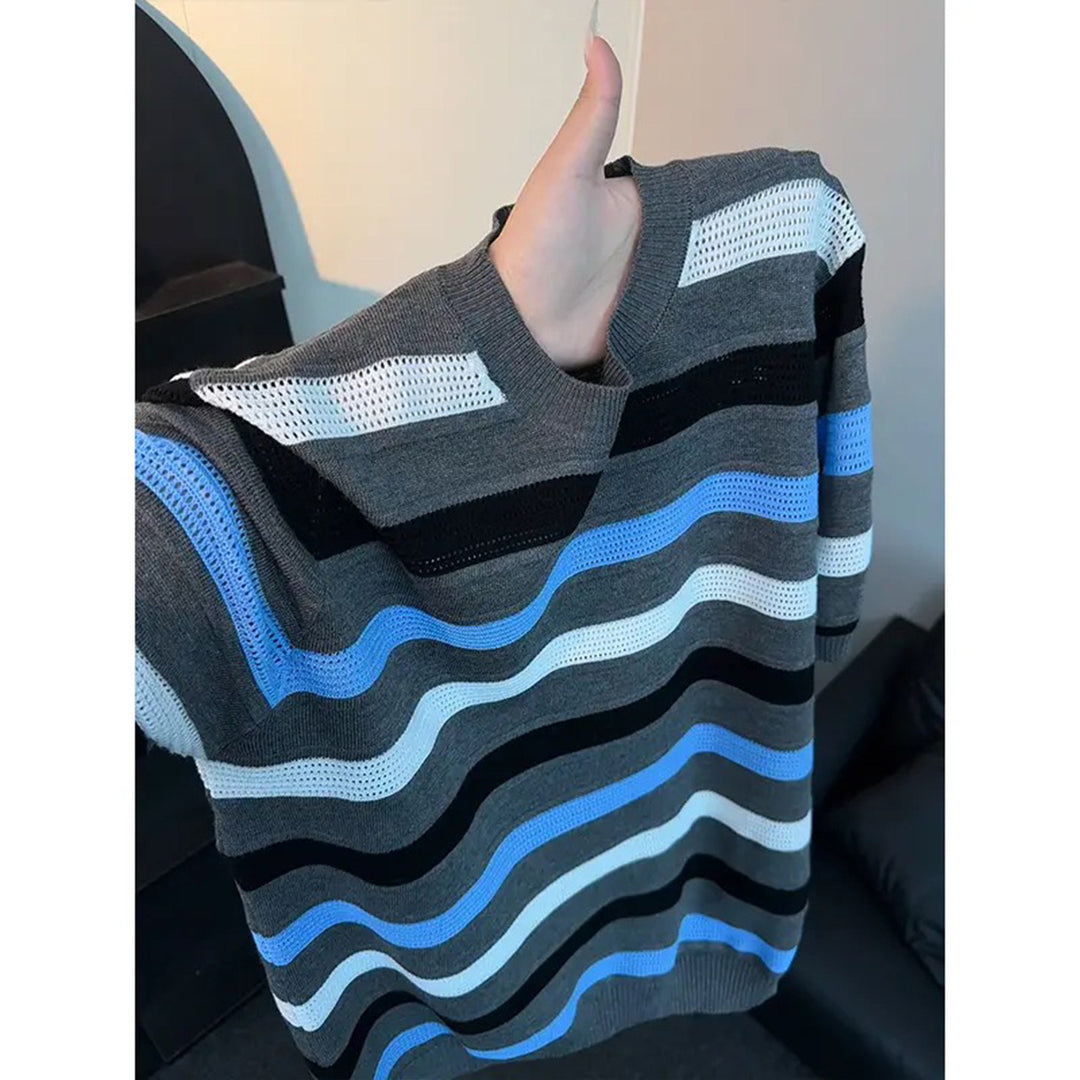 Damen Modernes Kurzarm Strickoberteil mit Wellenmuster Echoarchiv