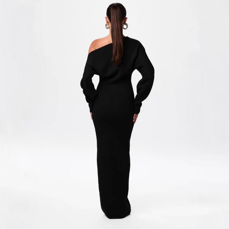 Damen One-Shoulder Maxi Strickkleid mit Übergroßen Ärmeln Echoarchiv