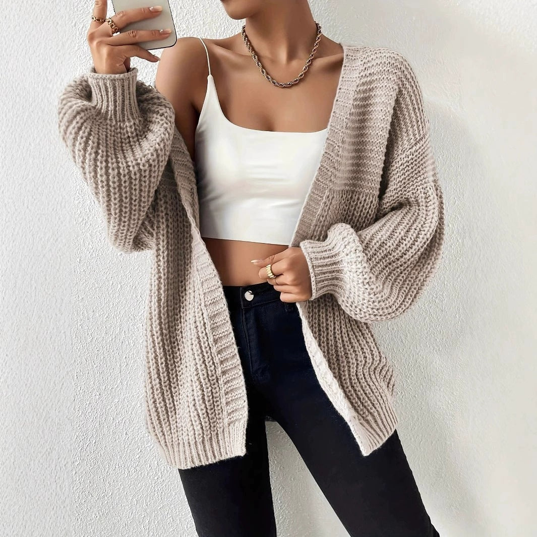 Damen Oversize-Strickcardigan mit grobem Waffelstrick, offener Front und voluminösen Ballonärmeln – Veloura