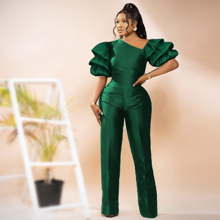 Damen Eleganter Jumpsuit mit asymmetrischen Puffärmeln Echo Archiv