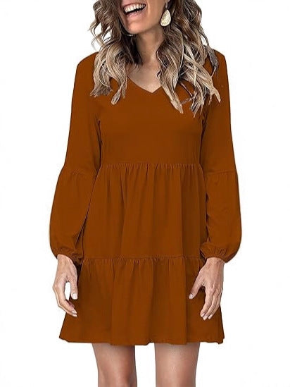 Damen Stufiges Mini-Kleid mit V-Ausschnitt und Ballonärmeln – Élara