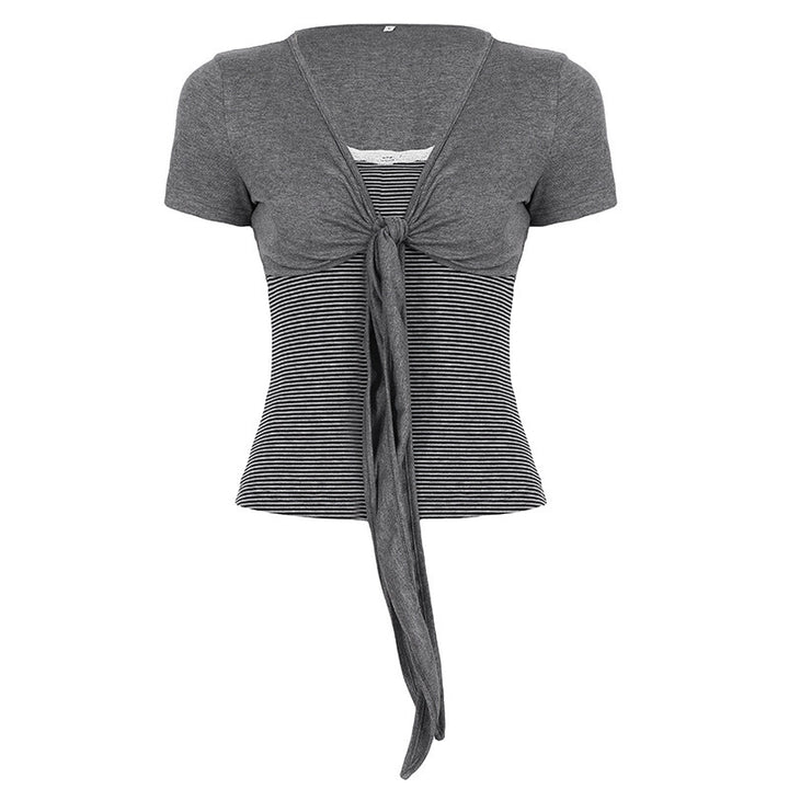 Damen kurzes T-Shirt mit Knoten-Detail und gestreiftem Design Echo Archiv