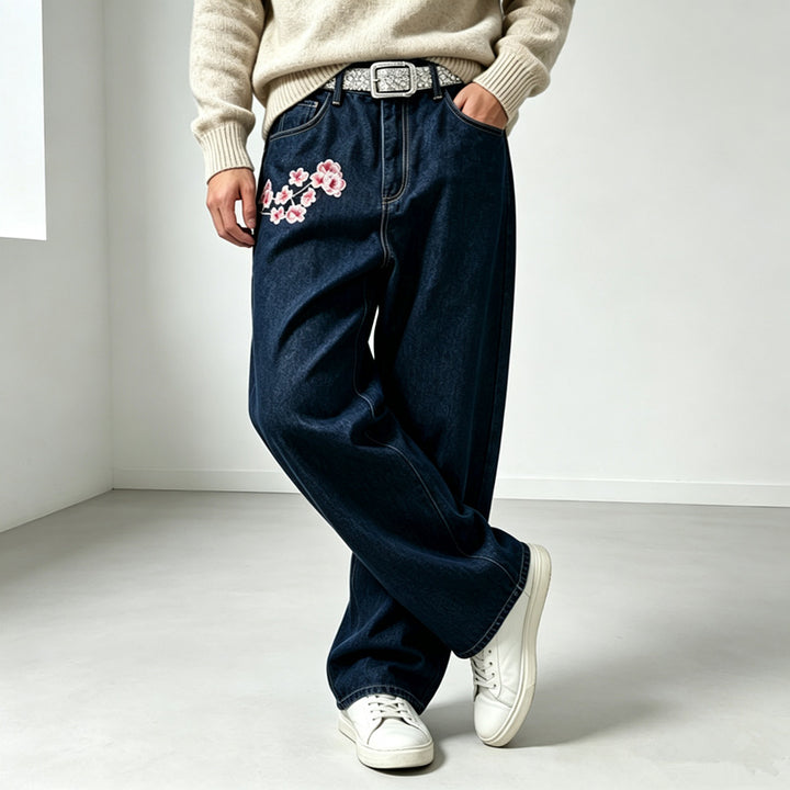 Herren Modische Weit geschnittene Denim-Hose mit Blumenstickerei Echoarchiv