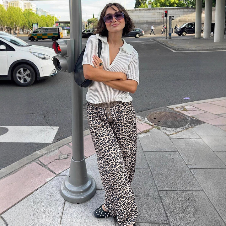 Damen lässige Palazzo-Hose mit Leopardenmuster und elastischem Bund Echo Archiv
