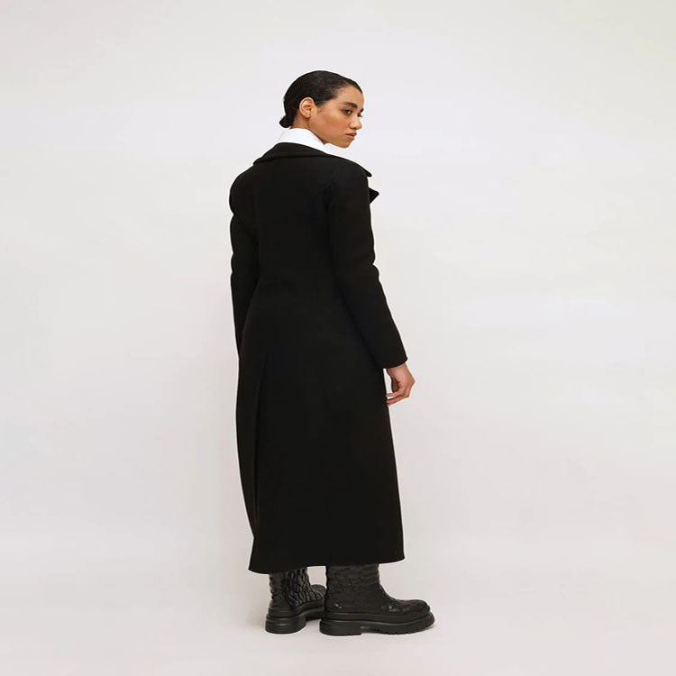 Damen Eleganter bodenlanger Wollmix‑Longcoat im Clean‑Cut Doppelreiher mit strukturierter Schulterpartie Echoarchiv