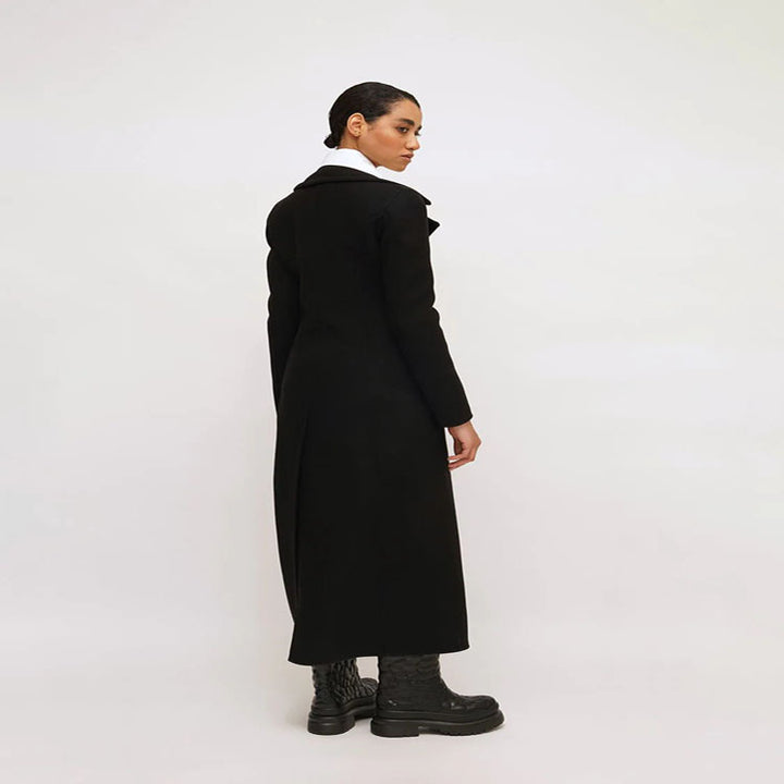 Damen Eleganter bodenlanger Wollmix‑Longcoat im Clean‑Cut Doppelreiher mit strukturierter Schulterpartie Echoarchiv