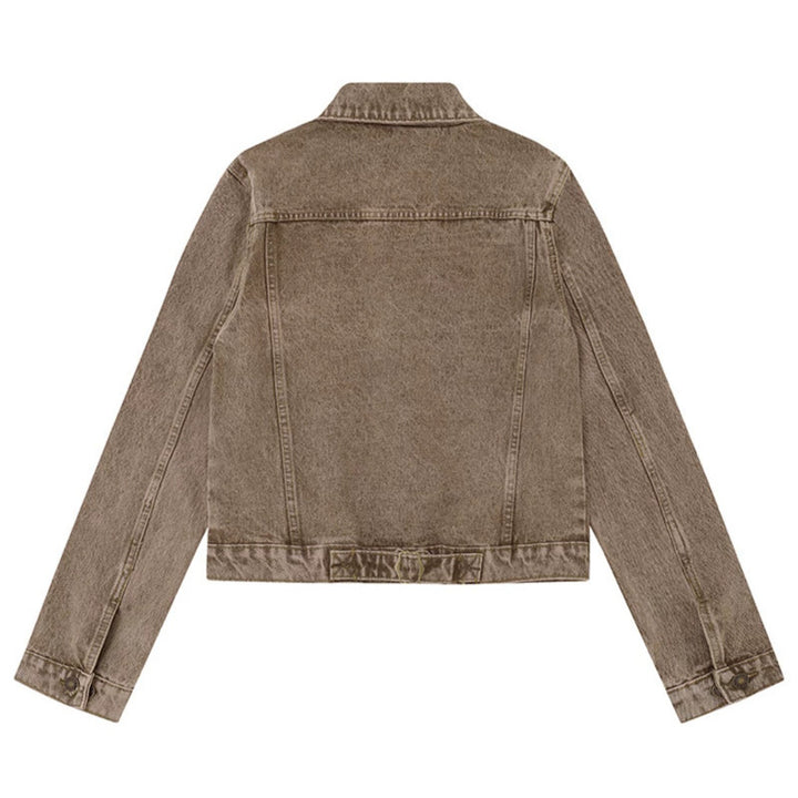 Damen kurze Vintage-Denimjacke mit Brusttaschen, Reißverschluss-Detail und Knopfleiste Echoarchiv