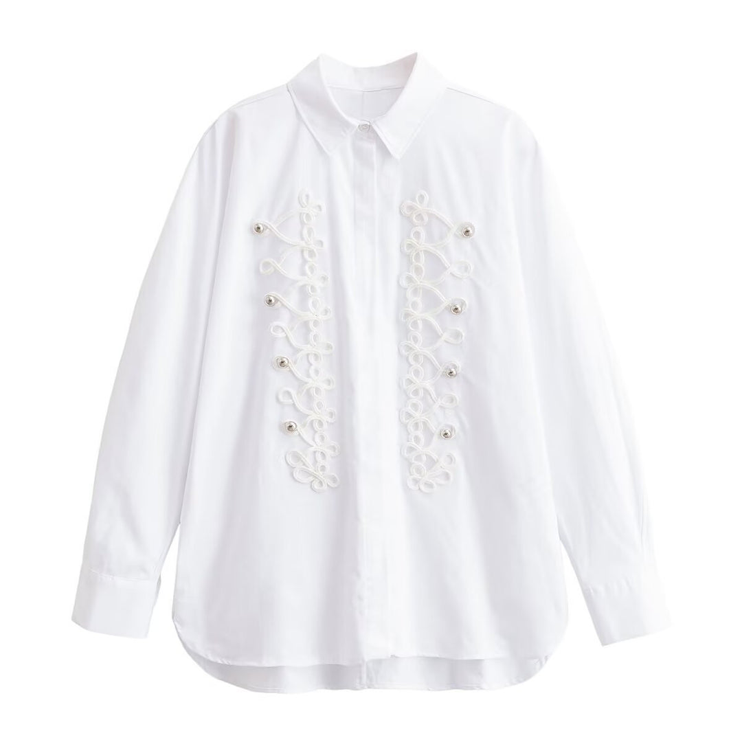 Damen Bluse mit dekorativen Froschverschlüssen und Zierkordeln Echo Archiv