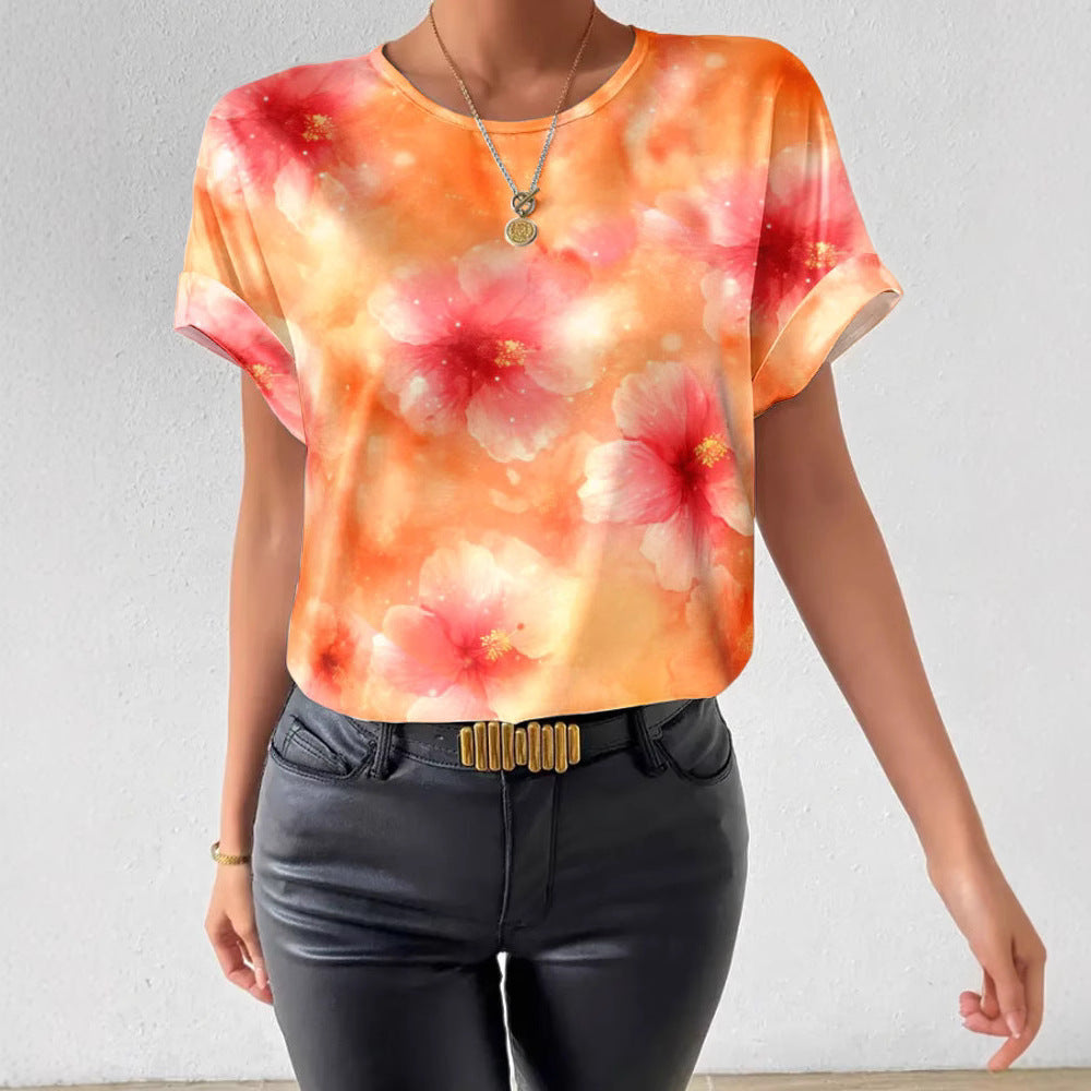 Damen nan lockeres Kurzblusen-Shirt in Seidenoptik mit Aquarellblütenprint und Umschlagärmeln Echo Archiv