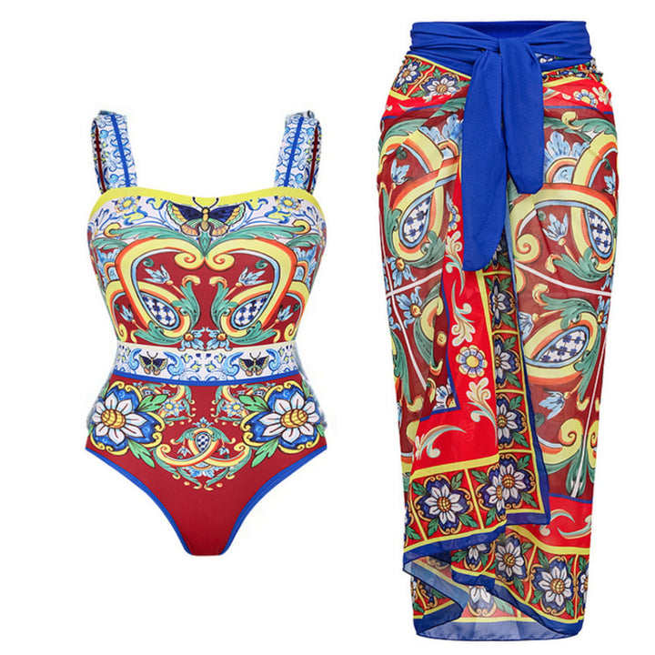 Damen Badeanzug-Set mit floralem Muster und elegantem Wickelrock Echo Archiv