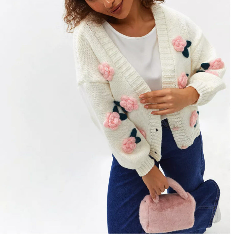 Damen Geblümter Strick-Cardigan mit 3D-Blumenapplikationen und V-Ausschnitt – Veloura