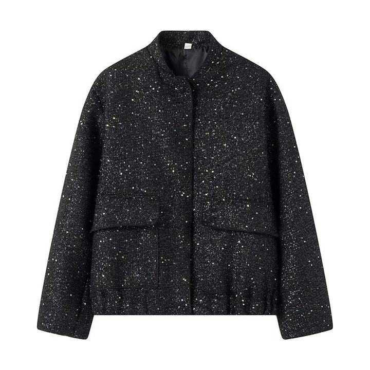 Damen nan glitzernde kurze Boxy-Jacke mit elastischem Saum und dezentem Stehkragen Echo Archiv