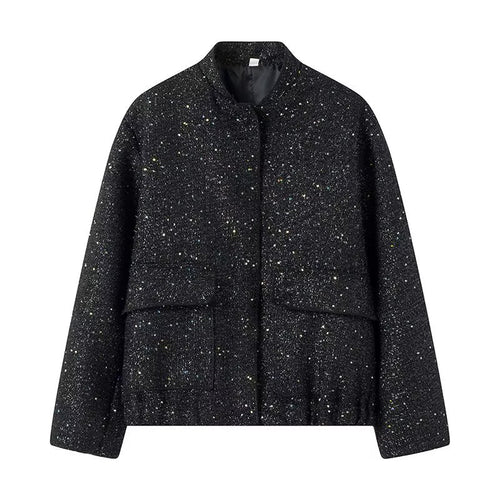 Damen nan glitzernde kurze Boxy-Jacke mit elastischem Saum und dezentem Stehkragen Echo Archiv