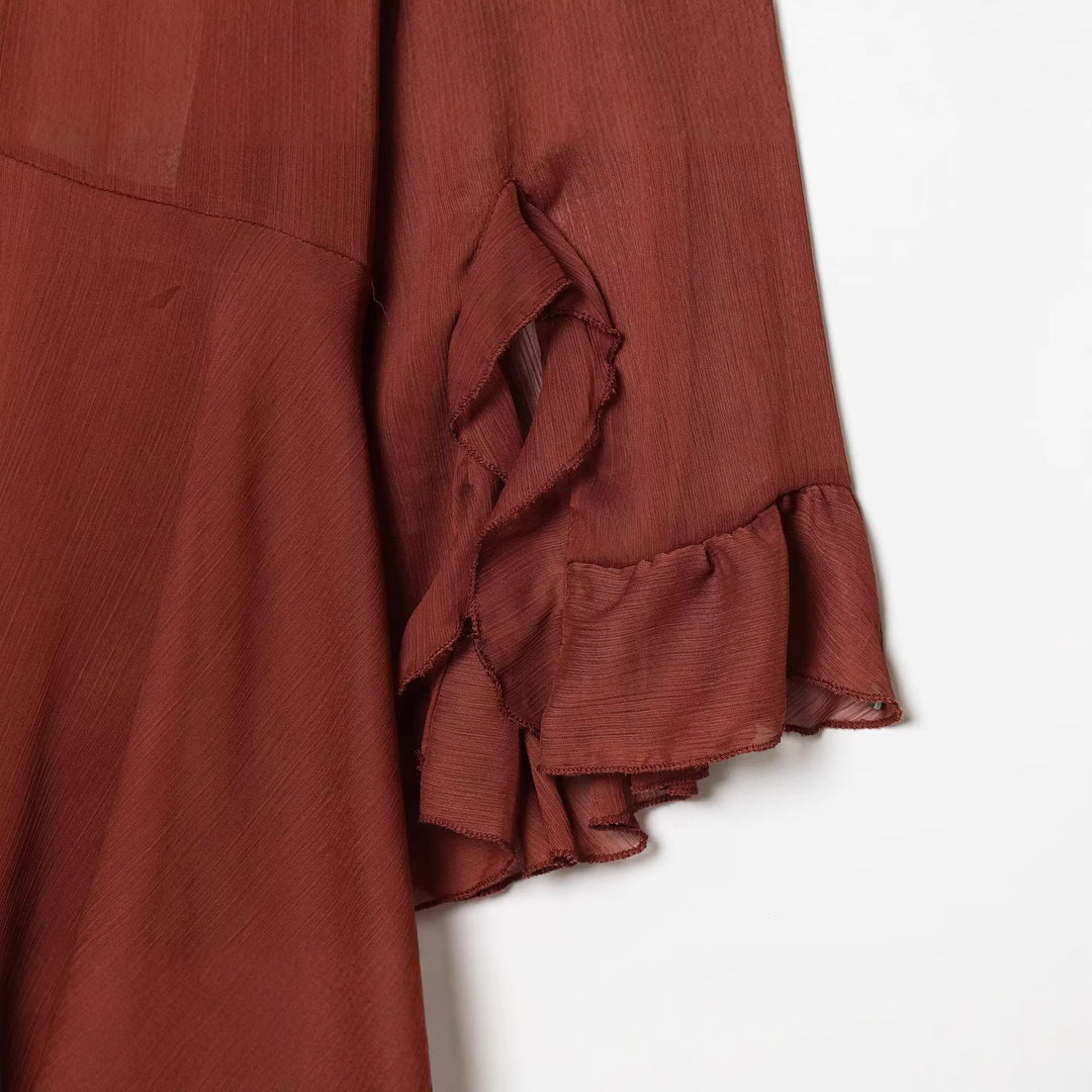 Damen Fließendes Chiffon-Minikleid mit Rüschenärmeln und Schluppe Echoarchiv