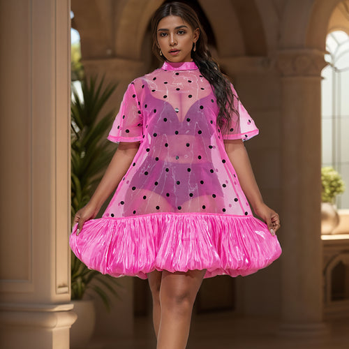 Damen Transparentes Polka-Punkte Kleid mit Rüschensaum Echo Archiv