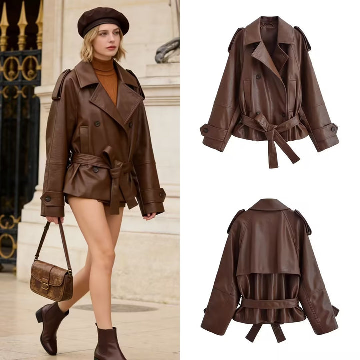 Damen kurze Kunstleder-Trenchjacke mit Taillengürtel und Schulterpatten Echo Archiv