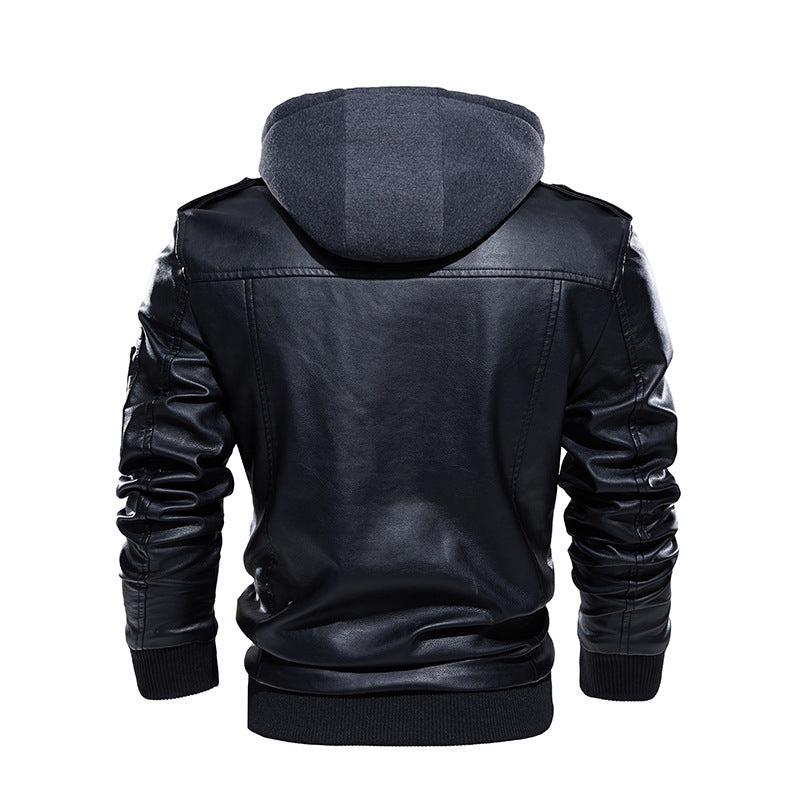 Herren Stilvolle und bequeme Lederjacke mit abnehmbarer Kapuze Echoarchiv