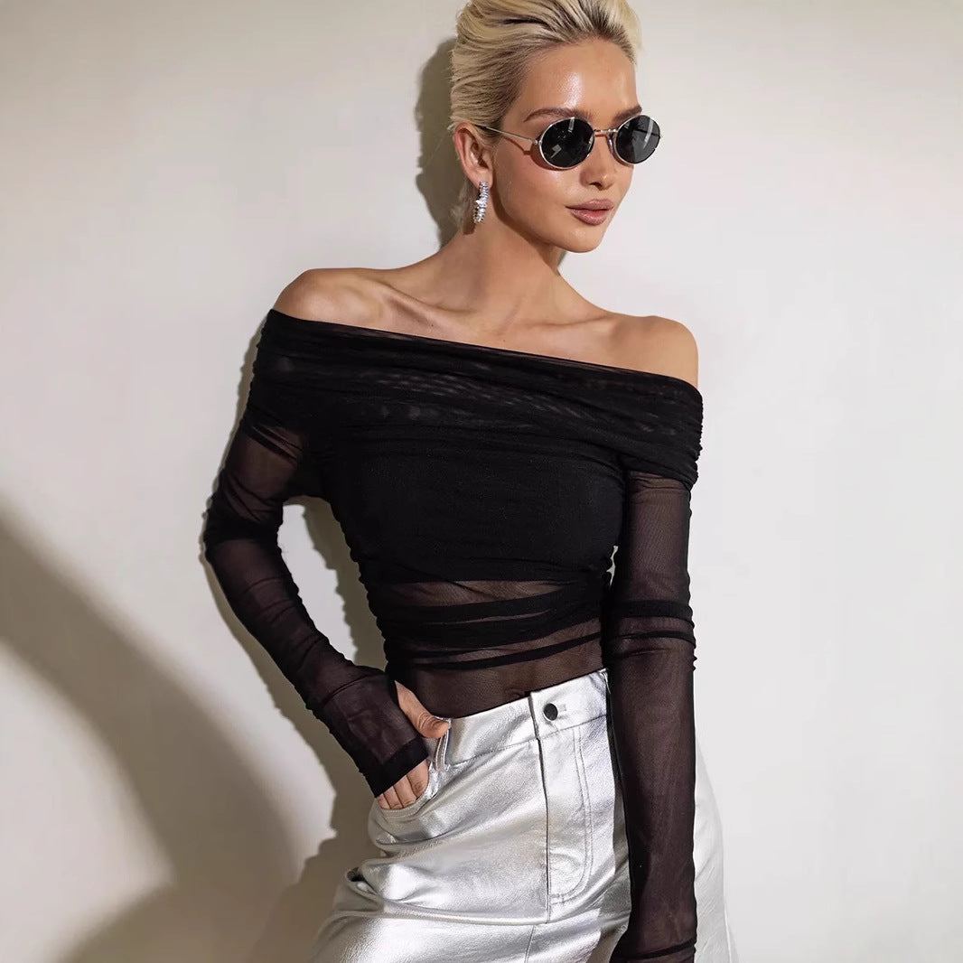 Damen Off-Shoulder Langarmshirt aus leicht transparentem Stoff mit raffiniertem Drapierungseffekt Echo Archiv
