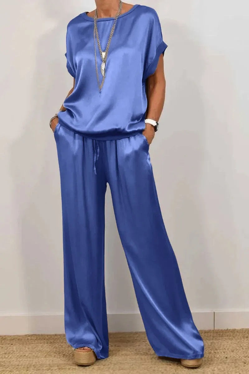 Damen Elegantes Satin Lounge-Set mit weitem Schnitt und lässigem Oberteil Echoarchiv