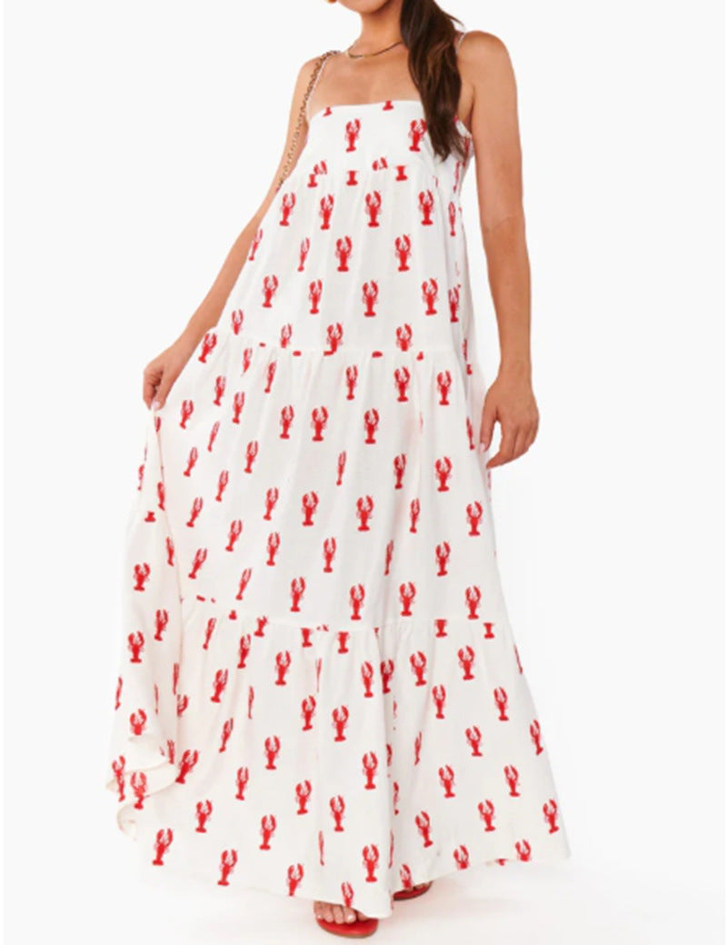 Damen nan trägerloses Bandeau-Maxikleid mit gestuftem Volantrock und maritimem Hummer-Motiv Echo Archiv