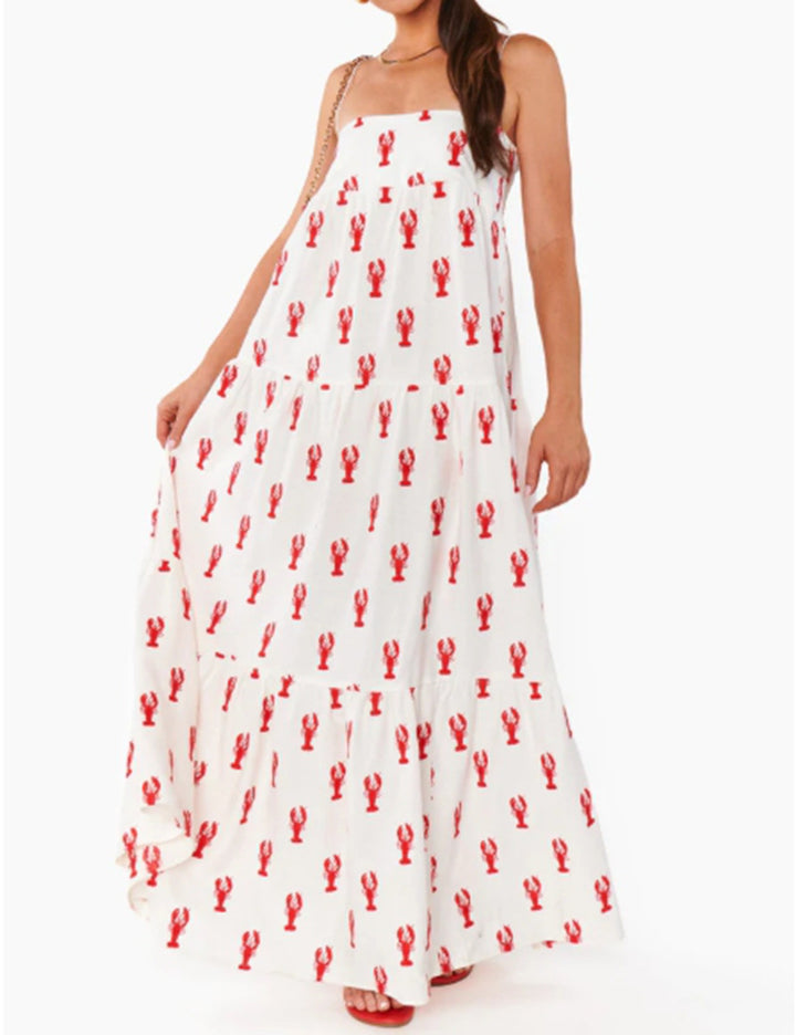 Damen nan trägerloses Stufenmaxikleid mit Bandeau-Oberteil lockerer A-Linie und maritimem Hummer-Print Echo Archiv