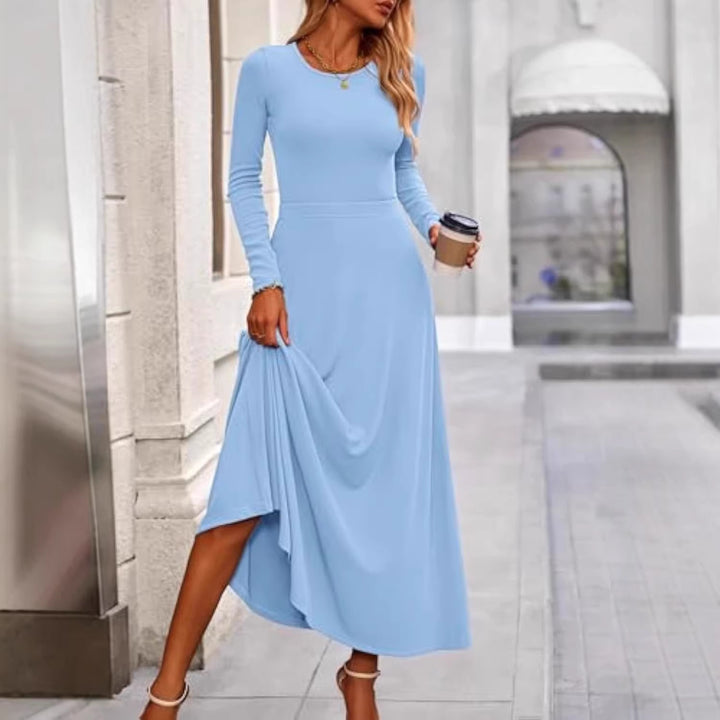Damen Langärmeliges Maxikleid mit tailliertem Oberteil und fließendem A-Linien-Rock – Valéora