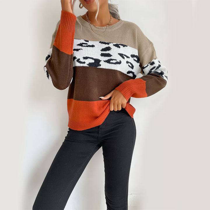 Damen Colorblock Strickpullover mit Leopardenprint-Einsatz und lässiger Oversize-Passform Echoarchiv