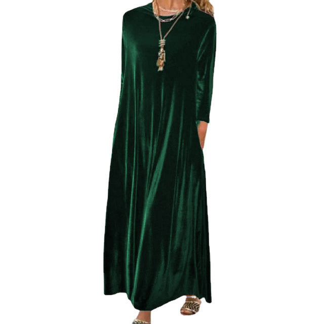 Damen Langes samtiges Maxikleid mit Rundhalsausschnitt, halblangen Ärmeln und seitlichen Taschen – Valéora