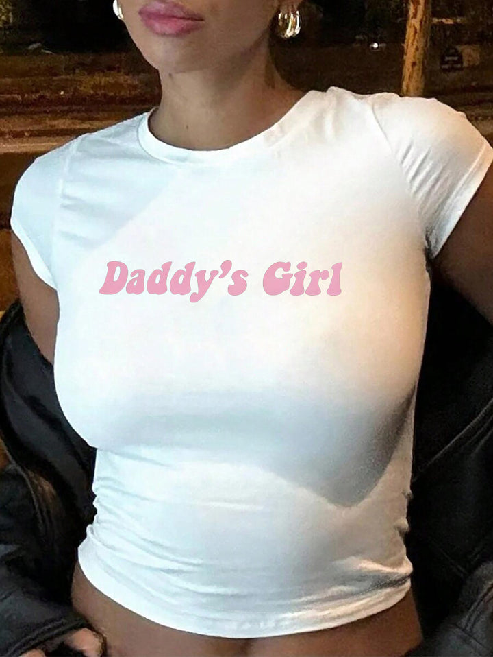 Damen figurbetontes Kurzarm-T-Shirt mit verspieltem Aufdruck Echo Archiv