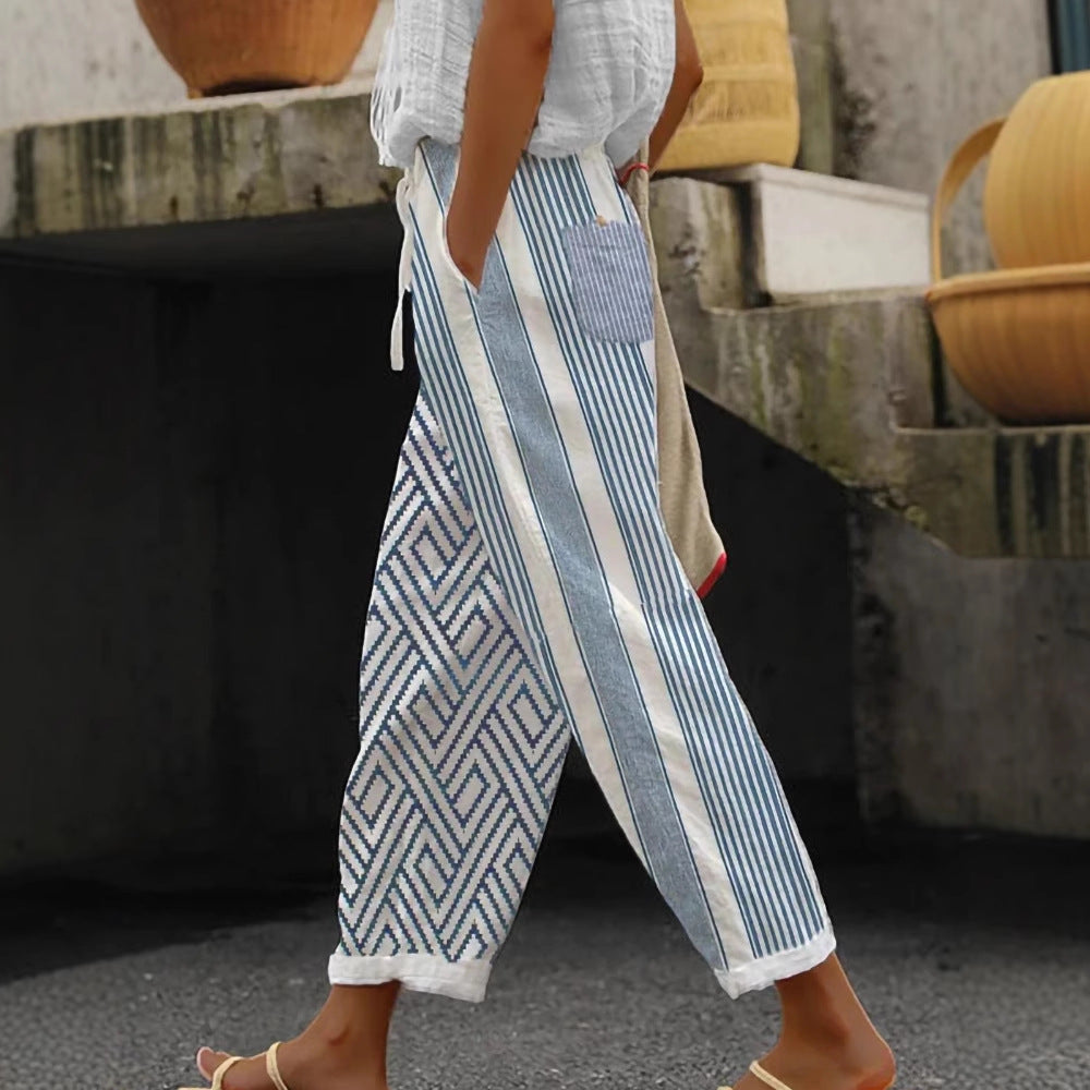 Damen Weite Leinenhose mit handgewebtem Muster Echoarchiv