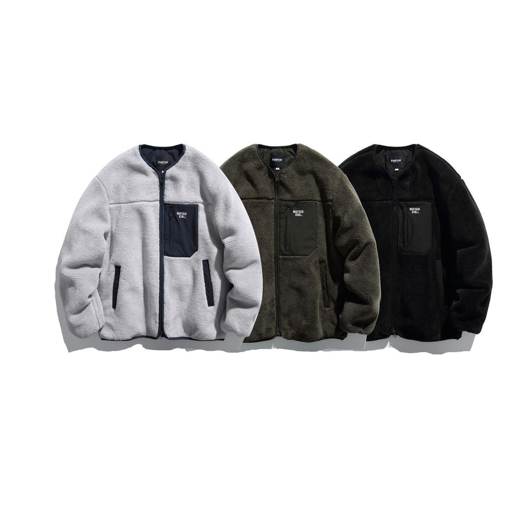 Unisex Kurz geschnittene Teddy‑Fleecejacke mit Nylon‑Brusttasche und durchgehendem Reißverschluss Echoarchiv