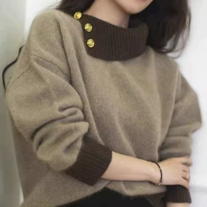 Damen Kurzgeschnitteter Pullover mit asymmetrischem Knopf‑Mockneck und Ballonärmeln Echoarchiv