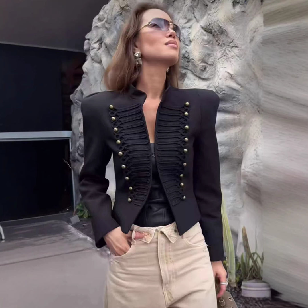 Damen Cropped Blazer im Husarenstil mit Stehkragen, Zierkordeln und Messingknöpfen Echo Archiv