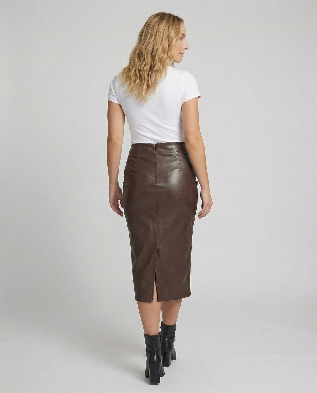 Damen Midi-Rock aus hochwertigem Leder mit Raffung – Rosévia
