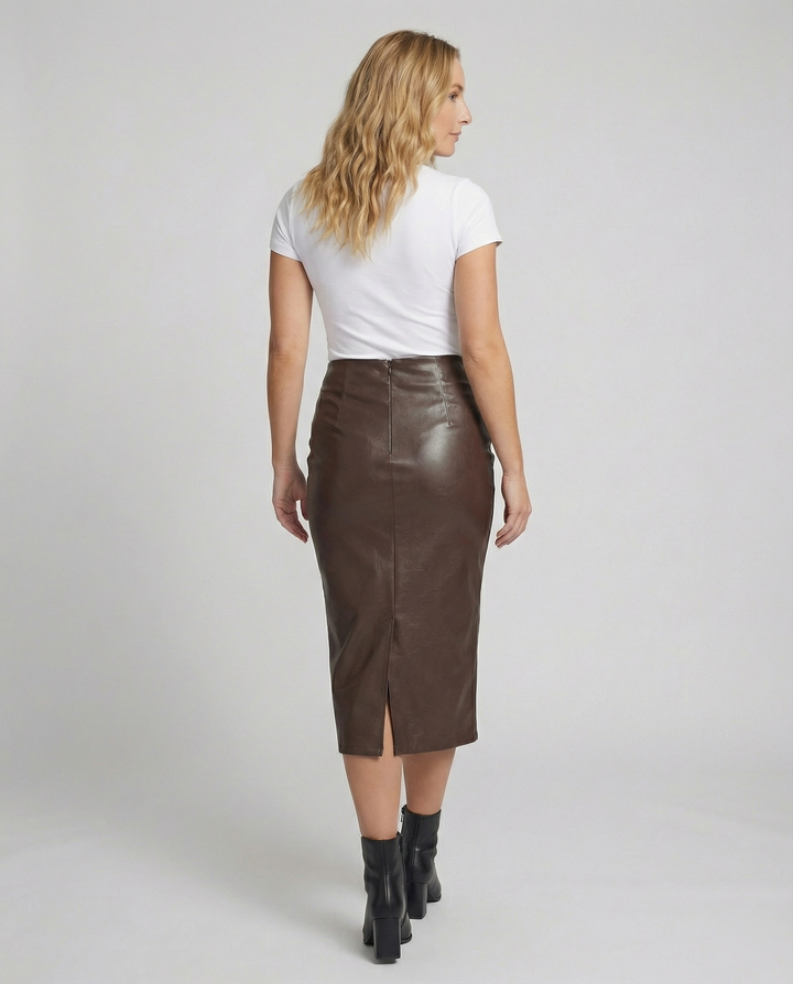 Damen Midi-Rock aus hochwertigem Leder mit Raffung – Rosévia