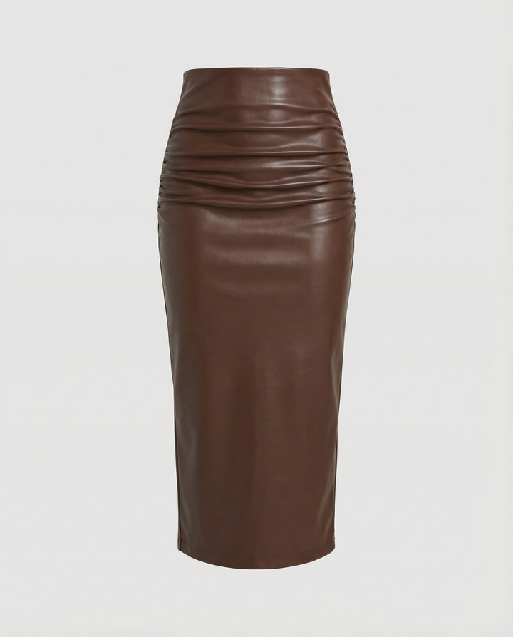 Damen Midi-Rock aus hochwertigem Leder mit Raffung – Rosévia