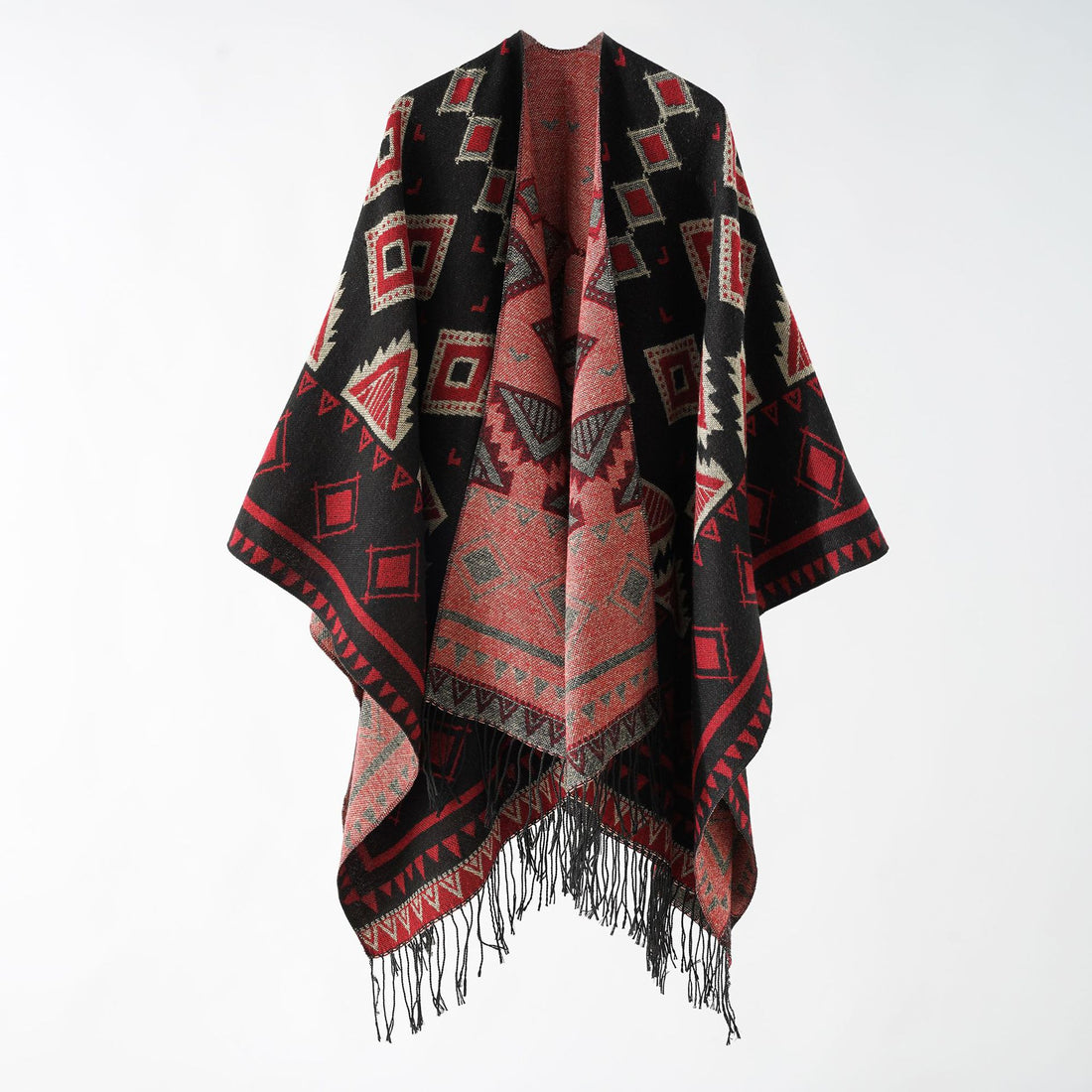 Damen Weichfallender Jacquard-Umhang im Ruana-Stil mit Fransen – Montévia
