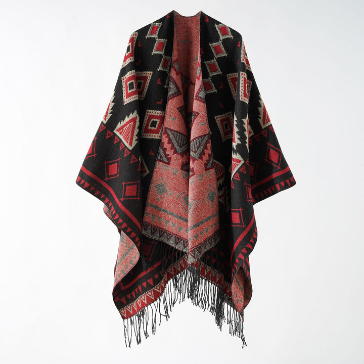 Damen Weichfallender Jacquard-Umhang im Ruana-Stil mit Fransen Echo Archiv
