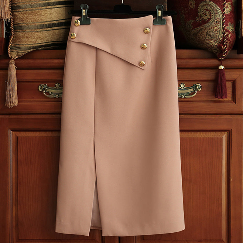 Damen Eleganter Midirock mit asymmetrischem Schnitt und Goldknöpfen Echoarchiv